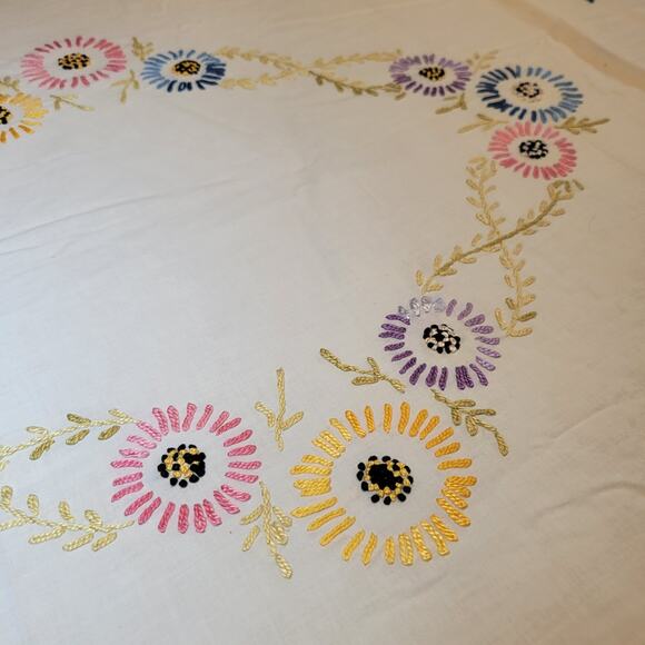 Vintage Handmade Bedspread Embroidered Flowers 72x80 Fringe Edges Floral Retro - Picture 10 of 14